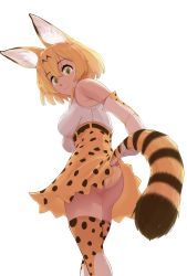 Rule 34 | 1girl, :3, absurdres, animal ears, ass, bare shoulders, belt, black belt, blonde hair, bow, bowtie, breasts, clothes lift, elbow gloves, from behind, gloves, hair between eyes, high-waist skirt, highres, holding own tail, kemono friends, looking at viewer, looking back, melonyogurt, panties, print gloves, print thighhighs, serval (kemono friends), serval print, serval tail, shirt, short hair, simple background, skirt, skirt lift, sleeveless, smile, solo, striped tail, tail, thighhighs, underbust, underwear, white background, white shirt, yellow eyes, yellow panties