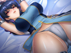 Rule 34 | 00s, 1girl, armpits, arms up, bdsm, bed sheet, blue dress, blue hair, blush, bondage, bound, bound wrists, breasts, cameltoe, covered erect nipples, cowboy shot, crotch, detached sleeves, dress, dutch angle, embarrassed, female focus, fishnets, foreshortening, from above, game cg, gluteal fold, grey panties, kagami hirotaka, large breasts, legs, lilith-soft, lip biting, lipstick, long hair, looking at viewer, lying, makeup, on back, on bed, panties, partially visible vulva, purple eyes, raised eyebrows, red lips, rope, shinonome noa, shiny skin, solo, spread legs, string panties, sweat, taimanin (series), taimanin asagi, taimanin asagi kessen arena, taut clothes, thighs, underwear