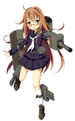 Rule 34 | 10s, 1girl, :o, ahoge, bad id, bad pixiv id, belt, belt pouch, black serafuku, black skirt, blush, bottle, brown hair, cnm, expressionless, full body, glasses, kantai collection, loafers, long hair, long sleeves, looking at viewer, mochizuki (kancolle), open mouth, parted lips, pleated skirt, pouch, red-framed eyewear, school uniform, semi-rimless eyewear, serafuku, shoes, simple background, skirt, solo, under-rim eyewear, very long hair, white background, white legwear