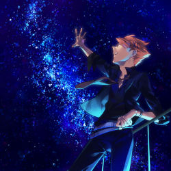 Rule 34 | 1boy, formal, jacket, kagari shuusei, looking up, male focus, necktie, night, night sky, open clothes, open jacket, orange hair, outstretched arm, psycho-pass, siruphial, sky, solo, star (sky), starry sky, suit, wristband