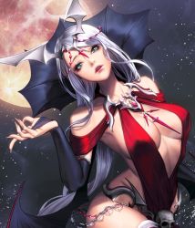Rule 34 | 1girl, alternate costume, aqua eyes, bare shoulders, boots, breasts, bridal gauntlets, card (medium), chaos online, demon wings, full moon, head tilt, large breasts, long hair, looking at viewer, love cacao, moon, nivas, official art, parted lips, simple background, skull, solo, thigh boots, thighhighs, very long hair, white hair, wings