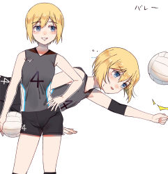 Rule 34 | ball, black shorts, blonde hair, blue eyes, blush, breasts, erica hartmann, grin, hand on own hip, highres, holding, holding ball, open mouth, parted lips, playing sports, sayama (chiwan0830), shiny skin, short hair, shorts, simple background, small breasts, smile, sportswear, standing, strike witches, teeth, volleyball, volleyball (object), volleyball uniform, white background, world witches series