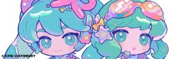 Rule 34 | 2girls, blue eyes, blue hair, blush stickers, bow, brooch, chibi, closed mouth, collared jacket, commentary, copyright notice, cropped, digital stars, digital stars gumi, digital stars gumi (2021), digital stars miku, digital stars miku (2021), goggles, goggles on head, green eyes, green hair, gumi, hair bow, hair ornament, hair ribbon, hashtag-only commentary, hatsune miku, high collar, jacket, jewelry, long hair, looking at viewer, mawarusanso, multiple girls, open clothes, open jacket, open mouth, orange-framed eyewear, orange-tinted eyewear, orange jacket, pink ribbon, portrait, ribbon, round eyewear, second-party source, shirt, short hair, simple background, smile, star (symbol), star brooch, star hair ornament, tinted eyewear, twintails, vocaloid, white background, white shirt, yellow bow