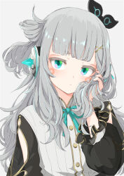 Rule 34 | 1girl, and uge, black sleeves, blue eyes, blunt bangs, blush, buttons, circle facial mark, closed mouth, commentary, expressionless, frilled sleeves, frills, grey background, grey hair, hand in own hair, long hair, long sleeves, looking at viewer, medium bangs, nanashi inc., rokkaku game, shirt, sidelocks, simple background, solo, symbol-only commentary, upper body, v ap art, white shirt, winding key