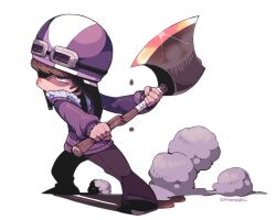 Rule 34 | 1boy, axe, blood, blood on face, brown hair, dust, fingernails, full body, goggles, goggles on head, holding, holding axe, holding weapon, jacket, kotorai, looking to the side, male focus, marumaru no shuyaku wa wareware da!, purple helmet, purple jacket, shoppi, short hair, signature, simple background, solo, standing, weapon, white background