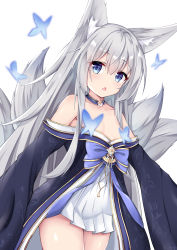 Rule 34 | 1girl, :o, absurdres, aged down, animal ear fluff, animal ears, azur lane, bare shoulders, blue choker, blue eyes, blush, bow, breasts, breasts out, bug, butterfly, censored, censored nipples, choker, collarbone, convenient censoring, cowboy shot, fang, fox ears, fox girl, fox tail, highres, insect, japanese clothes, long hair, long sleeves, nagato-chan, nipples, off shoulder, open mouth, purple bow, shinano (azur lane), sidelocks, silver hair, simple background, skin fang, small breasts, solo, straight hair, tail, thighs, very long hair, white background, wide sleeves