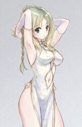 Rule 34 | 1girl, adjusting hair, alternate costume, armpits, arms behind head, arms up, atelier (series), atelier lulua, braid, braiding hair, breasts, china dress, chinese clothes, cleavage, cleavage cutout, clothing cutout, commentary request, cowboy shot, dress, elbow gloves, gloves, green eyes, green hair, grey background, hairdressing, holding, holding own hair, karasumi (aiseec), large breasts, long hair, looking at viewer, navel, parted bangs, pelvic curtain, piana (atelier), side slit, sidelocks, simple background, sleeveless, sleeveless dress, solo, standing, white dress, white gloves