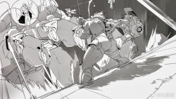 Rule 34 | 3boys, ass, bara, character request, fighting stance, from behind, from below, full body, greyscale, highres, male focus, mecha, monochrome, multiple boys, muscular, muscular male, robot, science fiction, tooboshoo, trigun, vash the stampede