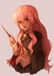 Rule 34 | 1girl, cape, highres, holding, holding wand, long hair, looking at viewer, louise francoise le blanc de la valliere, nasubin (nasubisamurai15), open mouth, pentacle, pink eyes, pink hair, simple background, skirt, solo, wand, zero no tsukaima