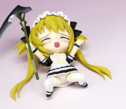 Rule 34 | airi (queen&#039;s blade), alternate color, blonde hair, blush, breasts, chibi, closed eyes, figure, maid, maid headdress, nendoroid, open clothes, panties, photo (medium), player 2, queen&#039;s blade, scythe, shirt, simple background, solo, thighhighs, torn clothes, torn shirt, twintails, underwear, upskirt, weapon