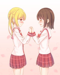 Rule 34 | 2girls, blonde hair, blush, brown background, brown hair, closed eyes, closed mouth, commentary request, cowboy shot, gradient background, hair between eyes, holding hands, interlocked fingers, long hair, long sleeves, makiaato, multiple girls, original, parted lips, petals, plaid, plaid skirt, pleated skirt, profile, red eyes, red skirt, sailor collar, school uniform, serafuku, shirt, skirt, twintails, white background, white sailor collar, white shirt, yuri