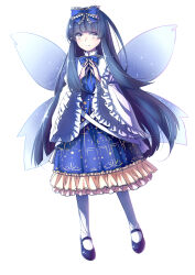 Rule 34 | 1girl, absurdres, black hair, bloom, blue bow, blue bowtie, blue dress, blunt bangs, bow, bowtie, brown eyes, closed mouth, commentary request, dress, embellished costume, eyebrows hidden by hair, fairy wings, frilled bow, frilled sleeves, frills, full body, gold trim, hair bow, hands up, highres, jiege, light blush, long hair, long sleeves, looking to the side, mary janes, mixed-language commentary, shoes, simple background, smile, socks, solo, sparkle, star (symbol), star print, star sapphire, steepled fingers, touhou, very long hair, white background, wide sleeves, wings