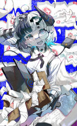 Rule 34 | 1girl, ?, @ @, ahoge, aqua hair, arm up, black choker, black eyes, black hair, black horns, black nails, blue background, blue screen of death, blunt bangs, box, breasts, cable, card reader, cardboard box, choker, collared shirt, colored inner hair, colored skin, commentary, computer, confused, cross tie, earrings, error message, glasses, hair ornament, hand in own hair, highres, holding, holding box, horns, jewelry, laptop, long sleeves, looking at viewer, medium hair, multicolored hair, open mouth, original, paper, pointy ears, qr code, ring, round eyewear, school uniform, shirt, small breasts, split-color hair, standing, symbol-only commentary, upper body, white hair, white horns, white shirt, white skin, yo-ba yo