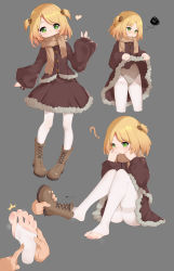 Rule 34 | 1girl, 1other, absurdres, arm up, black leotard, blonde hair, boots, brown dress, brown footwear, brown jacket, brown scarf, clothes lift, dress, dress lift, feet, full body, fur trim, green eyes, grey background, heart, highres, jacket, leotard, leotard under clothes, lifting own clothes, original, pantyhose, scarf, short hair, simple background, single boot, sitting, smile, soles, thighband pantyhose, thighs, toeless legwear, toes, two side up, user zrph5432, waving, white pantyhose