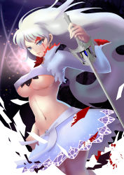 Rule 34 | 1girl, absurdres, blood, breasts, highres, large breasts, long hair, rapier, rwby, smile, solo, sword, underboob, weapon, weiss schnee, white hair
