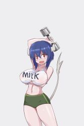 Rule 34 | 1girl, absurdres, blue hair, breasts, buruma, collarbone, cow girl, cow horns, cow tail, dumbbell, fang, green buruma, highres, horns, jashin-chan dropkick, large breasts, looking at viewer, midriff, minos (jashin-chan dropkick), minos drawfag, navel, red eyes, short hair, simple background, smile, solo, sweat, tail, tank top, white tank top