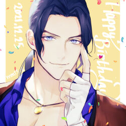 Rule 34 | 1boy, artist name, blue eyes, blue hair, blue shirt, closed mouth, collarbone, collared shirt, confetti, dated, english text, fingerless gloves, gloves, hand on own face, happy birthday, jewelry, long hair, male focus, mmts g, necklace, pectoral cleavage, pectorals, robert garcia, shirt, smile, solo, the king of fighters, the king of fighters for girls
