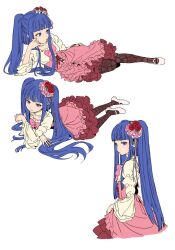 Rule 34 | 1girl, blue eyes, blue hair, bow, brown pantyhose, choker, closed mouth, collarbone, cross-laced clothes, cross-laced skirt, dot nose, expressionless, flat chest, flower, frilled skirt, frills, from above, furudo erika, ganno, hair flower, hair ornament, head rest, high-waist skirt, layered skirt, lolita fashion, long hair, long sleeves, looking at viewer, looking to the side, lying, mary janes, multiple views, on side, on stomach, pantyhose, pink bow, pink headwear, pink skirt, print pantyhose, puffy long sleeves, puffy sleeves, ribbon, rose, shoes, sidelocks, simple background, skirt, skirt hold, smile, standing, twintails, umineko no naku koro ni, very long hair, white background, white footwear