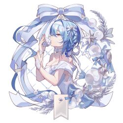 Rule 34 | 1girl, bare shoulders, blue hair, bow, braid, breasts, christmas, christmas ornaments, christmas wreath, cleavage, cropped torso, dress, eula (genshin impact), fingerless gloves, from side, genshin impact, gloves, hair ornament, hairband, highres, looking at viewer, medium hair, oriori 0201, profile, revision, simple background, solo, upper body, white background, white bow, white dress, white gloves, white hairband, wreath