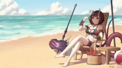 Rule 34 | + +, 1girl, absurdres, artist name, axe, bare shoulders, beach, bikini, black hair, breasts, broken horn, chair, choker, cleavage, cloud, collarbone, crossed legs, dated, day, demon horns, eriko (princess connect!), eriko (summer) (princess connect!), heart, heart choker, highres, horns, large breasts, multi-strapped bikini top, o-ring, o-ring bikini, o-ring top, ocean, outdoors, princess connect!, purple eyes, purple tail, ruinone, short hair, sitting, spiked tail, swimsuit, tail, thigh strap, two-tone bikini