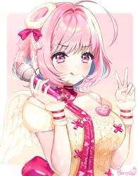 Rule 34 | 1girl, :p, ahoge, angel wings, aqua hair, artist name, berrypop, blush, bob cut, bow, breasts, closed mouth, collarbone, colored inner hair, commentary, dot nose, dress, fake halo, fingernails, gradient background, hair bow, hair intakes, hair ribbon, halo, heart, heart-shaped ornament, heart print, holding, holding microphone, idolmaster, idolmaster cinderella girls, idolmaster cinderella girls starlight stage, large breasts, looking at viewer, medium hair, microphone, multicolored hair, pink background, pink eyes, pink hair, pink ribbon, red bow, ribbon, short sleeves, signature, smile, solo, tongue, tongue out, two-tone hair, v, white ribbon, wings, wrist cuffs, yellow dress, yellow halo, yellow wings, yellow wrist cuffs, yumemi riamu