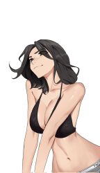 Rule 34 | 1girl, arm support, black bra, black eyes, black hair, bra, breasts, breasts squeezed together, brown eyes, cleavage, collarbone, commentary, english commentary, eyes visible through hair, from above, highres, large breasts, leaning forward, light smile, long hair, looking afar, navel, original, panties, pants, simple background, smile, solo, stomach, tbocart, underwear, white background