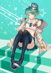 Rule 34 | 1boy, absurdres, ahoge, bare shoulders, black thighhighs, boots, collarbone, crossdressing, fingerless gloves, full body, gins, gloves, green eyes, green gloves, green hair, green skirt, green theme, hat, highres, holostars, jacket, kagami kira, long sleeves, male focus, midriff, nail polish, navel, necktie, plaid, plaid skirt, pleated skirt, pom pom (clothes), short hair, signature, sitting, skirt, smile, solo, thigh boots, thighhighs, trap, virtual youtuber