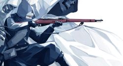 Rule 34 | black footwear, boots, character request, cloak, commentary request, covered mouth, forehead protector, golden kamuy, grey hair, gun, headband, hood, kneeling, long sleeves, mask, on one knee, sei 8220, shotgun, skeleton, vasily (golden kamuy), weapon