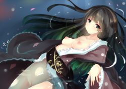 Rule 34 | 1girl, afloat, alternate eye color, black hair, blue eyes, blunt bangs, blush, breasts, collarbone, cowboy shot, frilled kimono, frilled sleeves, frills, houraisan kaguya, japanese clothes, kimono, long hair, long sleeves, medium breasts, mikagemaru (mikage000), naked kimono, nipples, open clothes, open kimono, partially submerged, petals, pussy, solo, touhou, very long hair, water, wide sleeves