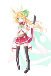 Rule 34 | 1girl, ;d, ahoge, animal ears, bad id, bad pixiv id, black gloves, black thighhighs, blonde hair, boots, detached sleeves, fox ears, gloves, green eyes, hair ornament, hair ribbon, hairclip, highres, long hair, looking at viewer, navel, nibiiro shizuka, one eye closed, open mouth, original, pigeon-toed, pleated skirt, ribbon, skirt, smile, solo, standing, thighhighs, zettai ryouiki