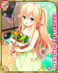 Rule 34 | 1girl, :d, alternate hairstyle, barefoot sandals (jewelry), bell pepper, blonde hair, bow, broccoli, card (medium), carrot, celery, character name, corn, cucumber, day, dress, frilled dress, frills, girlfriend (kari), green bow, green dress, green eyes, indoors, long hair, official art, open mouth, pepper, qp:flapper, smile, standing, tagme, tomato, two side up, yumesaki haruko