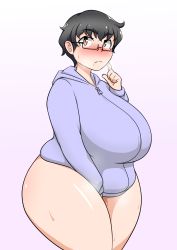 Rule 34 | 1girl, between legs, between thighs, big belly, black hair, blush, body blush, bottomless, breasts, brown eyes, covering privates, covering crotch, cowboy shot, fat, finger to cheek, glasses, gradient background, hand between legs, hood, hood down, hoodie, huge breasts, legs together, long sleeves, looking at viewer, magure senshi, messy hair, naked hoodie, nose blush, original, pink background, plump, scratching cheek, semi-rimless eyewear, short hair, solo, steam, sweat, sweater, thick eyebrows, thick thighs, thighs, under-rim eyewear, very short hair, wide hips, wide sleeves, zipper