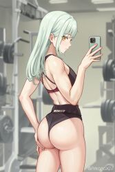 Rule 34 | 1girl, ass, bang dream!, bang dream! it&#039;s mygo!!!!!, bare arms, black shorts, black sports bra, cellphone, chinese commentary, closed mouth, commentary request, cowboy shot, da akana xiv, expressionless, from behind, green hair, gym, highres, holding, holding phone, long hair, looking at viewer, phone, selfie, short shorts, shorts, smartphone, solo, sports bra, taking picture, twitter username, wakaba mutsumi, yellow eyes