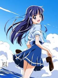 Rule 34 | 1girl, aoki reika, blue eyes, blue hair, blunt bangs, commentary request, holding, holding shoes, long hair, nanairogaoka middle school uniform, nii manabu, open mouth, precure, school uniform, shoes, short sleeves, smile, smile precure!, solo
