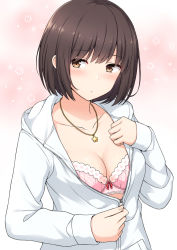 Rule 34 | 1girl, blush, bow, bow bra, bra, breasts, brown eyes, brown hair, cleavage, closed mouth, collarbone, commentary request, fingernails, hand up, head tilt, hood, hood down, hooded jacket, jacket, jewelry, long sleeves, nakamura sumikage, original, pendant, pink bra, polka dot, polka dot bra, short hair, sleeves past wrists, small breasts, solo, underwear, upper body, white jacket