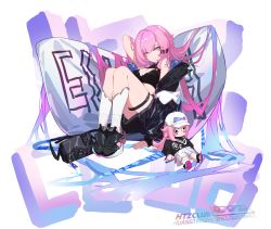 Rule 34 | 1girl, absurdres, black bra, black footwear, black jacket, black shorts, blue eyes, bra, breasts, cleavage, closed mouth, doll, elysia (honkai impact), go satoshi ko, highres, honkai (series), honkai impact 3rd, jacket, long hair, looking at viewer, open clothes, open jacket, pillow, pink hair, shoes, shorts, smile, sneakers, solo, underwear, white background, white legwear