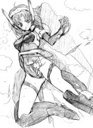 Rule 34 | 1girl, ahoge, angelic layer, angry, armor, asaga aoi, belt, blush, boots, breasts, cloud, crueltear, elbow gloves, flying, gloves, greyscale, hairband, hikaru (angelic layer), mecha musume, medium breasts, monochrome, navel, one-piece swimsuit, open mouth, outdoors, robot ears, short hair, sketch, sky, solo, sun, sweat, swimsuit, swimsuit costume, thigh boots, thigh strap, thighhighs, thighs, torn clothes, trigger heart exelica, wings