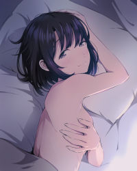 Rule 34 | 1girl, arm above head, asou (asabu202), black eyes, black hair, blush, covering privates, covering one breast, from above, highres, katou megumi, looking at viewer, lying, messy hair, nude, on side, pillow, saenai heroine no sodatekata, short hair, shoulder blades, smile, solo, under covers