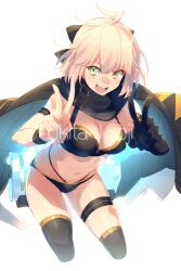 Rule 34 | 1girl, ahoge, bare shoulders, bikini, black bikini, black bow, black gloves, black scarf, black thighhighs, blonde hair, bow, breasts, character name, cleavage, double v, echo (circa), elbow gloves, fate/grand order, fate (series), gloves, hair bow, half updo, highleg, highleg bikini, jetpack, large breasts, looking at viewer, okita j. souji (fate), okita j. souji (first ascension) (fate), okita souji (fate), open mouth, scarf, short hair, single glove, smile, solo, swimsuit, thigh strap, thighhighs, thighs, v, wristband, yellow eyes