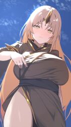 Rule 34 | 1girl, ahonoko, alternate costume, blonde hair, blue sky, blush, breasts, dress, fire emblem, fire emblem heroes, forehead jewel, gold trim, grey dress, grey hair, groin, gullveig (fire emblem), highres, horns, huge breasts, large breasts, long hair, looking at viewer, looking down, multicolored hair, nintendo, pale skin, pelvic curtain, short sleeves, side slit, single horn, sky, solo, thick thighs, thighs, two-tone hair, very long hair, yellow eyes