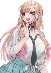 Rule 34 | 1girl, absurdres, black choker, blonde hair, breasts, choker, cleavage, collared shirt, ear piercing, earrings, gradient hair, green necktie, highres, jewelry, kitagawa marin, lace, lace choker, long hair, medium breasts, multicolored hair, necklace, necktie, nemuaki, piercing, plaid, plaid skirt, pleated skirt, red eyes, red hair, school uniform, shirt, simple background, skirt, solo, sono bisque doll wa koi wo suru, swept bangs, tied shirt, white background, white shirt