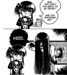 Rule 34 | 2girls, 2koma, cellphone, clothes writing, collar, comic, ear piercing, emo-girl (grs-), english text, fangs, goth fashion, greyscale, grs-, hair over eyes, highres, holding, holding phone, jewelry, jitome, long hair, medium hair, monochrome, multiple girls, no mouth, original, phone, piercing, portal (object), pun, skull print, television, the ring, too literal, yamamura sadako