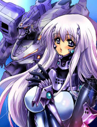 Rule 34 | 1girl, 2000s (style), :o, black gloves, blue eyes, blush, breasts, fortified suit, gloves, inia sestina, large breasts, long hair, looking at viewer, mecha, muv-luv, muv-luv alternative, muv-luv total eclipse, open hand, orange eyes, parted lips, pilot suit, purple hair, robot, su-37 terminator (muv-luv), tactical surface fighter, wpdh4443