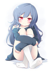 Rule 34 | 1girl, bare shoulders, blue hair, blush, commentary, crossed arms, dot nose, full body, highres, hugging own legs, ikazu401, long hair, long sleeves, looking at viewer, no shoes, off shoulder, original, red eyes, simple background, sitting, smile, socks, solo, white background, white socks