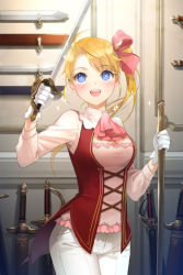 Rule 34 | 1girl, blonde hair, blue eyes, blush, bow, breasts, female focus, gloves, indoors, long sleeves, lowres, open mouth, pants, ponytail, rapier, ribbon, sheath, side ponytail, solo, sword, sword girls, vest, weapon