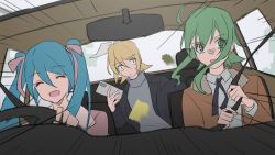 Rule 34 | 3girls, aqua hair, black jacket, blonde hair, bow, brown jacket, car interior, commentary, constricted pupils, driving, dutch angle, emphasis lines, closed eyes, green eyes, green hair, grey sweater, gumi, hair bow, hatsune miku, holding, holding phone, jacket, kagamine rin, long hair, mirror, multiple girls, phone, pink jacket, scared, seatbelt, shaded face, short hair, sitting, smile, steering wheel, sweat, sweater, symbol-only commentary, turtleneck, turtleneck sweater, twintails, vocaloid, white bow, wounds404
