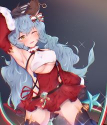 Rule 34 | 1girl, ;d, absurdres, animal ears, arm up, armpits, bare shoulders, belt, black gloves, black thighhighs, blue hair, blush, breasts, brown belt, commentary request, covered erect nipples, cowboy shot, detached sleeves, dress, dutch angle, earrings, ferry (granblue fantasy), ferry (santa minidress) (granblue fantasy), floating hair, fur-trimmed sleeves, fur trim, gem, gloves, gradient background, granblue fantasy, green ribbon, grey background, hair between eyes, hair ribbon, highres, jewelry, legs apart, long hair, looking at viewer, medium breasts, microdress, mitsuba (watergarden), one eye closed, open mouth, red dress, red ribbon, ribbon, shiny skin, sleeveless, sleeveless dress, smile, solo, sparkle, standing, star (symbol), striped ribbon, tassel, thighhighs, underboob, wavy hair, white ribbon, yellow eyes