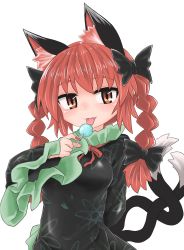 Rule 34 | 1girl, animal ears, arms behind back, black bow, black dress, black tail, bow, braid, breasts, candy, cat ears, cat tail, chups, dress, extra ears, food, frilled dress, frilled sleeves, frills, green frills, hair bow, highres, holding, holding candy, holding food, holding lollipop, kaenbyou rin, lollipop, long sleeves, looking at viewer, multiple tails, nail polish, nekomata, red eyes, red hair, red nails, red neckwear, short hair, simple background, solo, tail, tongue, tongue out, touhou, twin braids, two tails, upper body, white background