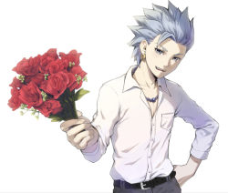 Rule 34 | 1boy, bad id, bad pixiv id, belt, black belt, blue eyes, blue hair, bouquet, camus (dq11), collarbone, collared shirt, commentary request, dragon quest, dragon quest xi, dress shirt, earrings, flower, hand on own hip, highres, holding, holding bouquet, holding flower, jewelry, long sleeves, looking at viewer, male focus, mondi hl, necklace, open mouth, pants, red flower, red rose, rose, shirt, shirt tucked in, short hair, simple background, smile, solo, spiked hair, teeth, upper body, upper teeth only, white background, white shirt