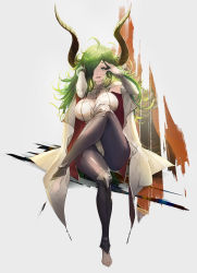 Rule 34 | 1girl, ahoge, armor, bad id, bad pixiv id, bamuth, barefoot, black eyes, black leggings, breasts, brooch, cape, cleavage, cleavage cutout, clothing cutout, crossed legs, detached sleeves, female focus, flipped hair, full body, green hair, grey background, hair over one eye, hand in own hair, hands up, highres, horns, jewelry, large breasts, leggings, leotard, long hair, looking at viewer, original, seamed legwear, shin guards, side-seamed legwear, sitting, solo, wrist cuffs